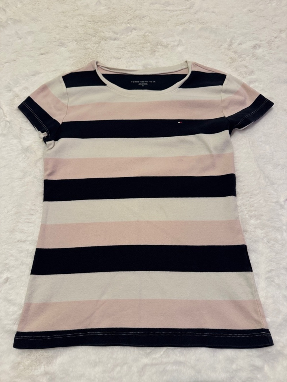 Tommy Hilfiger Women’s Short Sleeve Striped Tee - Pink, Black & White